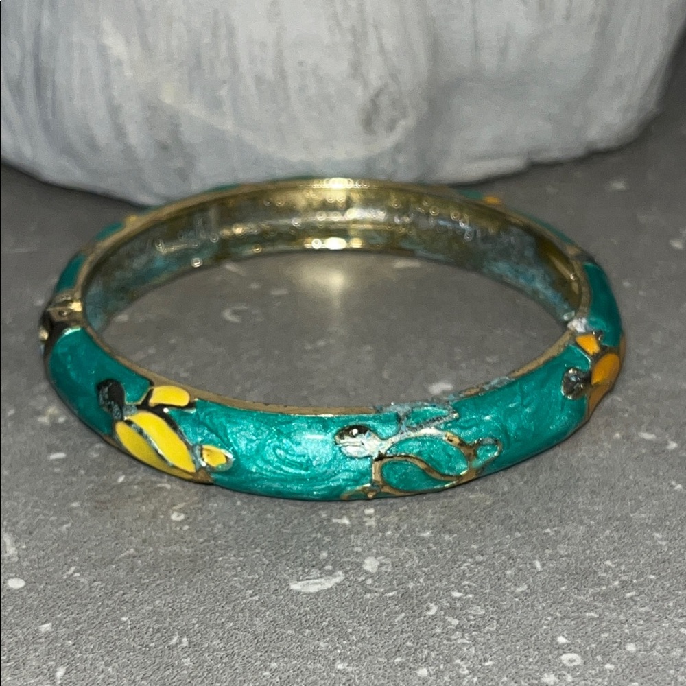 VTG Signed JIU LONG XING Teal Green Cloisonné Enamel Hinged Bangle Bracelet